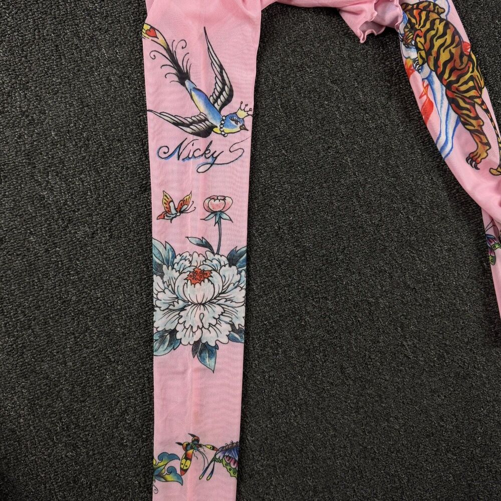 Ed Hardy X Siberia Halls Pink Mesh Tattoo Long Sleeve Top Size Sm Y2K Sheer - Picture 8 of 15
